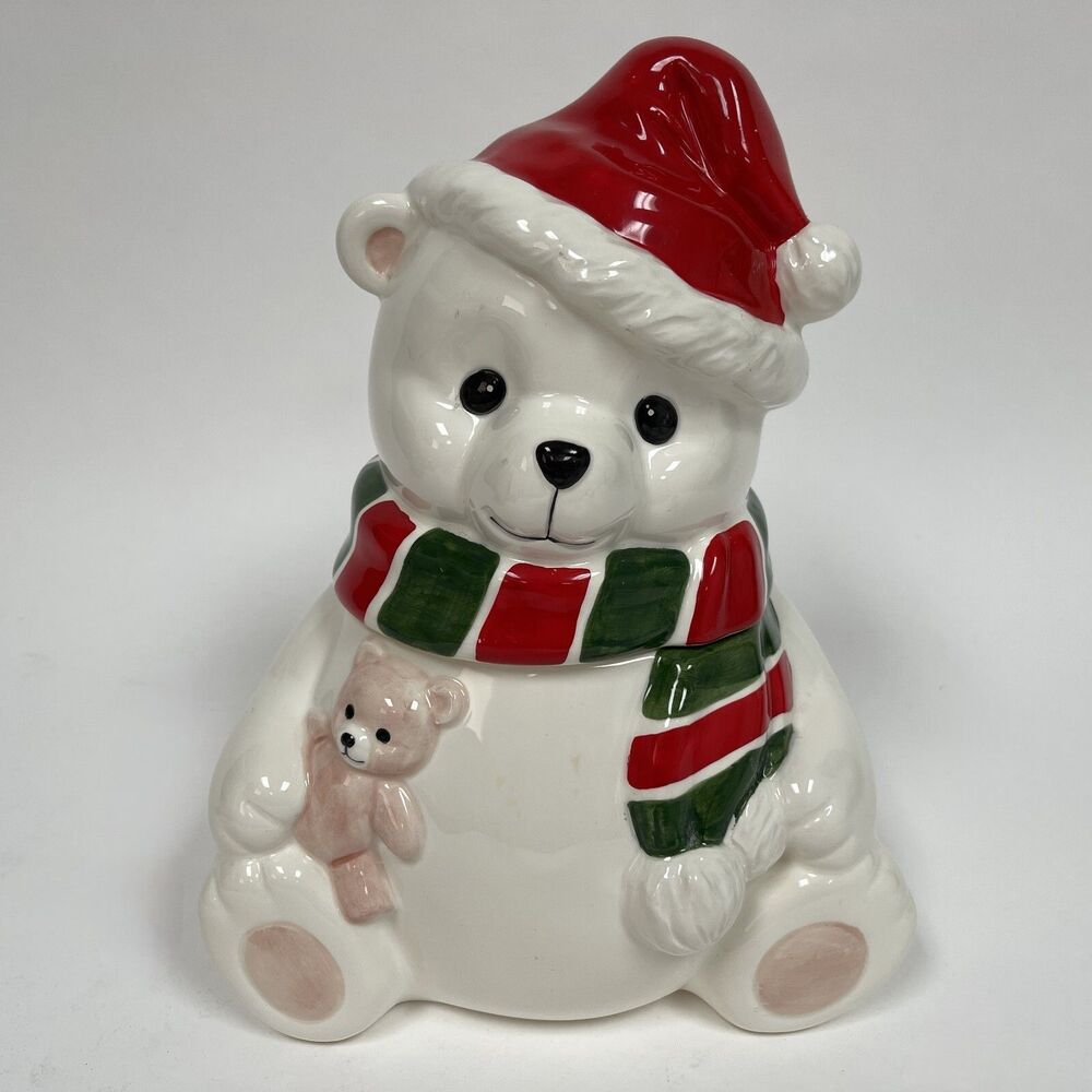Homco 1991 Cookie Jar Canister Teddy Bear White Red Green‎ 8" x 6 1/4" x 10 1/2"